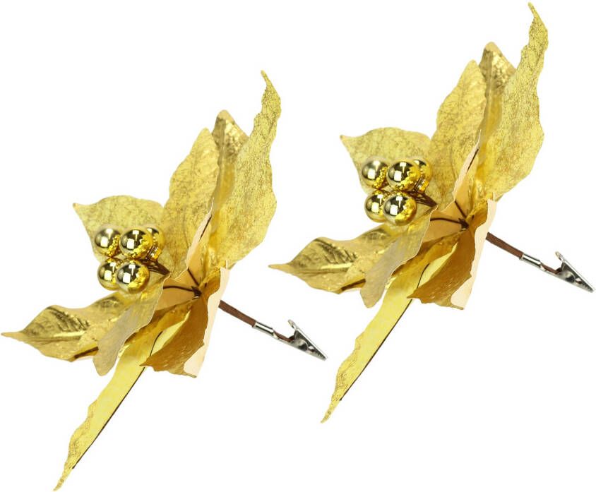 I.GE.A. Decoratieve hanger Poinsettia op clip 2-delige set 28cm kunst kerstster gouden kerstbloem (2 stuks)