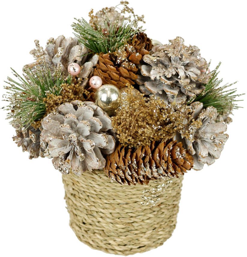 I.GE.A. Kunstplant Natuurlijk stuk kegels In de pot met kerstballen dennen arrangement kerstdecoratie tafeldecoratie (1 stuk)