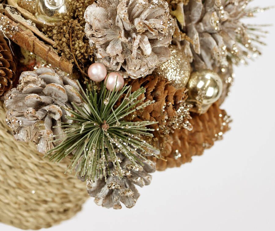 I.GE.A. Kunstplant Natuurlijk stuk kegels In de pot met kerstballen dennen arrangement kerstdecoratie tafeldecoratie (1 stuk)