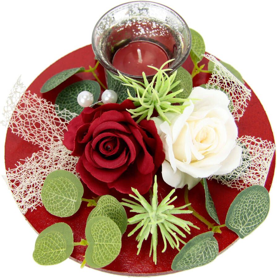 I.GE.A. Waxinelichthouder Mit Glaseinsatz und Teelichtkerze künstlichen Rosen Eukalyptus (1 stuk)