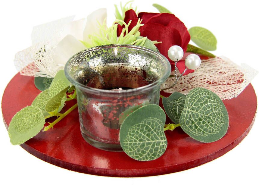I.GE.A. Waxinelichthouder Mit Glaseinsatz und Teelichtkerze künstlichen Rosen Eukalyptus (1 stuk)