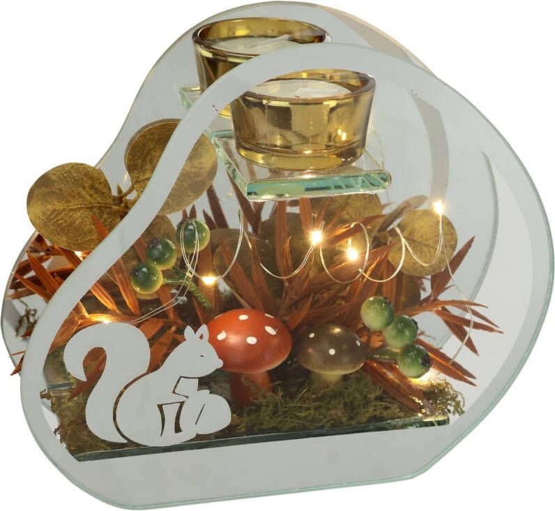 I.GE.A. Waxinelichthouder Theelichthouder van glas met theelichtkaars Herfstachtig versierd met paddenstoelen eekhoorn herfstbladeren kaars windlicht (1 stuk)