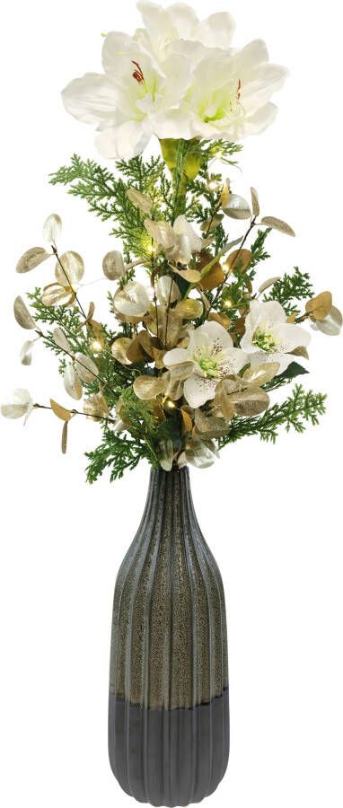I.GE.A. Winterse kunstplant mit Amaryllis in Vase aus Keramik Blumen-Arrangement LED-Beleuchtung (1 stuk)