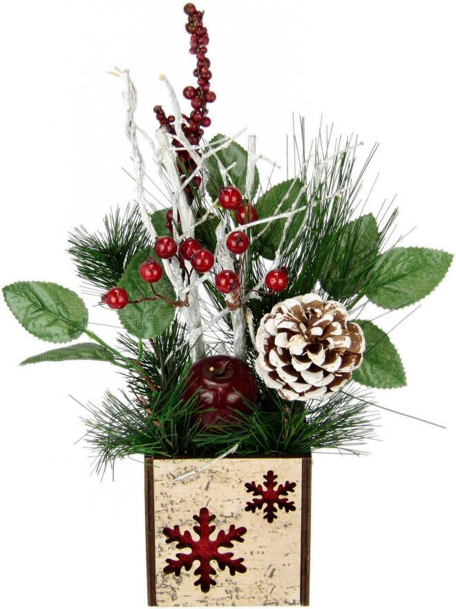 I.GE.A. Winterse kunstplant Kerstarrangement met appel in pot winterarrangement Kunstbloemenstuk met kegels bessen en decoratieve takken kerstdecoratie (1 stuk)