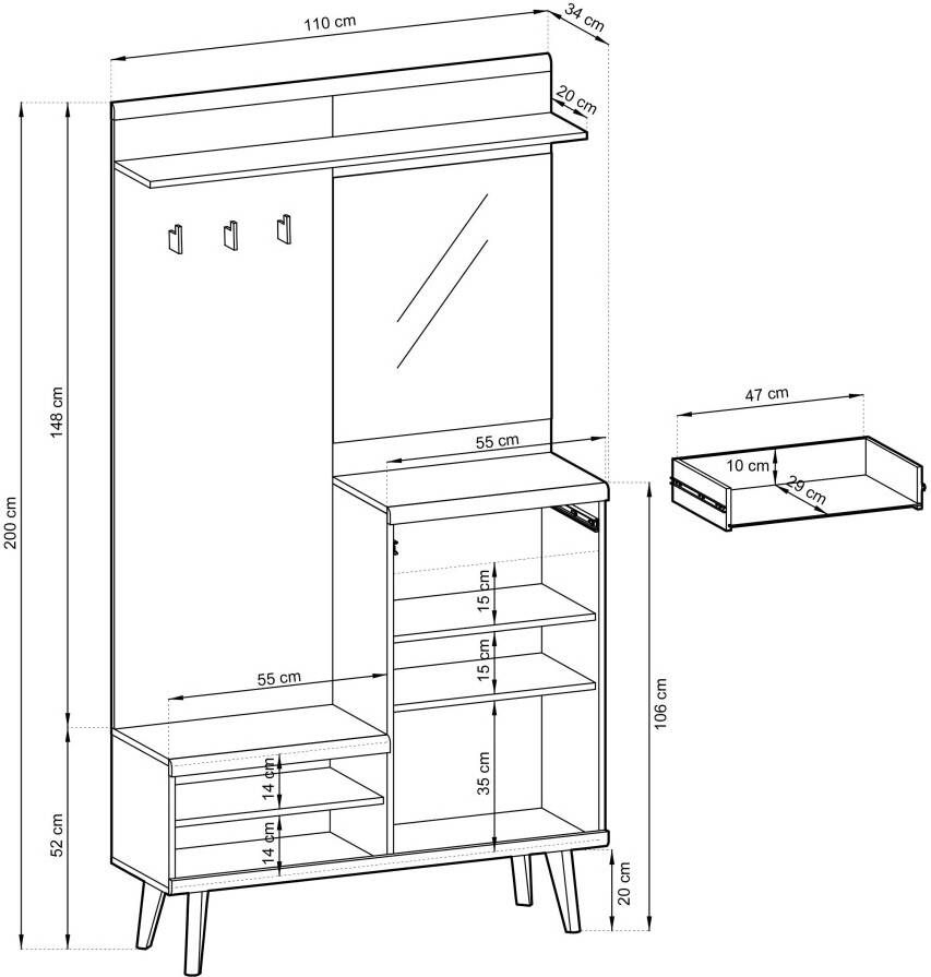 INOSIGN Compact kapstokmeubel Mavas Garderobe Garderobekast ScandicDesign Evoke Eik Salie voldoende opbergruimte geschikt voor kleine ruimtes 110 cm breed