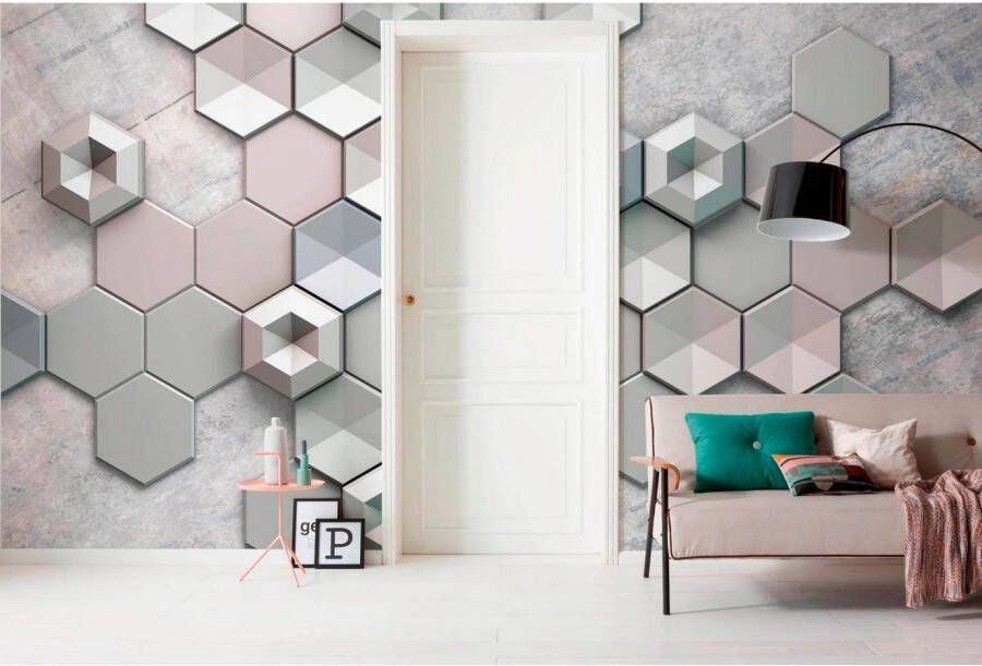 Komar Vliesbehang Digitale print vlies Hexagon Concrete Afmeting 400 x 250 cm (1 stuk)