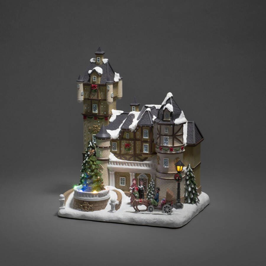 KONSTSMIDE Kerstfiguur Kerst versiering Ledhuis in fiber-look met kasteel + roterende kerstboom met muziek (1 stuk)