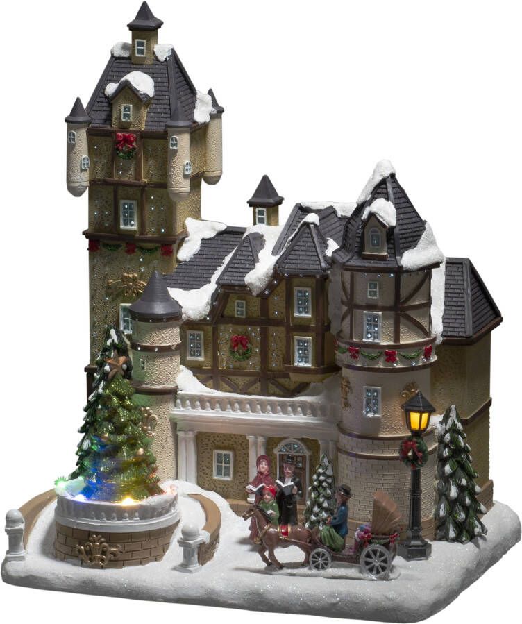 KONSTSMIDE Kerstfiguur Kerst versiering Ledhuis in fiber-look met kasteel + roterende kerstboom met muziek (1 stuk)
