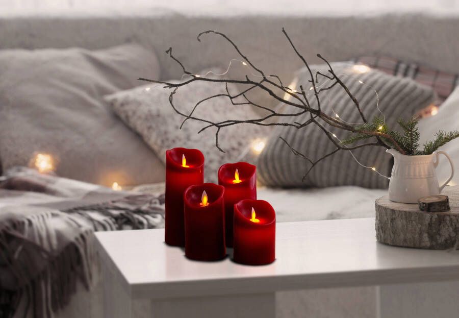 näve Sierverlichting Kaarsen 4-delige set (hoogte 10cm 12 5cm 15cm 17 5cm) rood dimbaar timer ø 7 5cm (1 stuk)