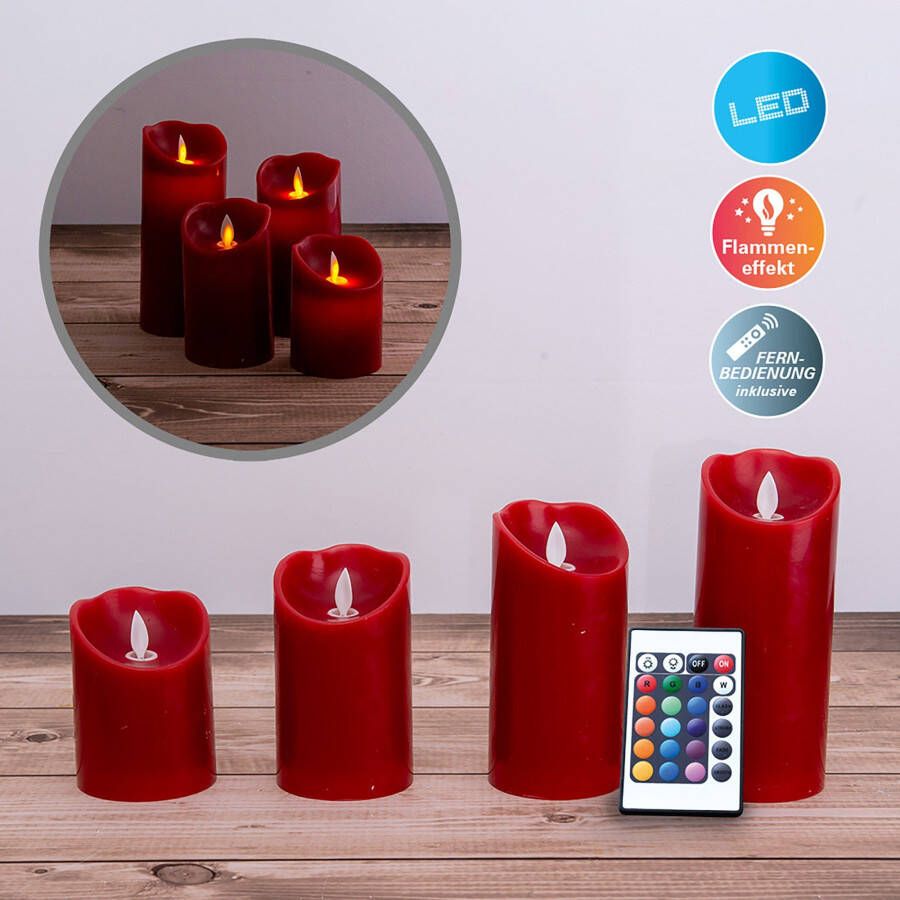 näve Sierverlichting Kaarsen 4-delige set (hoogte 10cm 12 5cm 15cm 17 5cm) rood dimbaar timer ø 7 5cm (1 stuk)