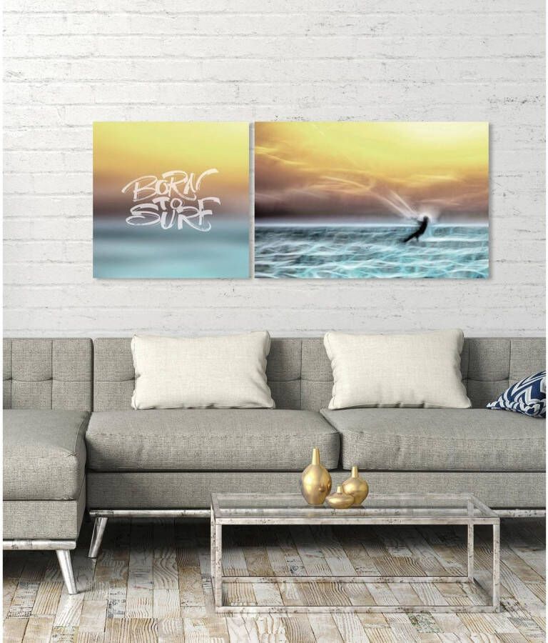 queence Artprint op linnen Born to surf Premium canvasstof handgemaakt in Duitsland uitspraak 2-delige set (set)