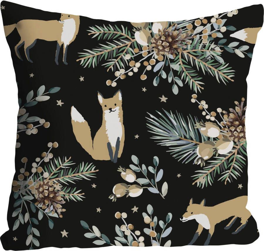 queence Sierkussen Alice Kussenhoes vossen dier dierenmotief bloemen zwart minimalistisch natuur (1 stuk)
