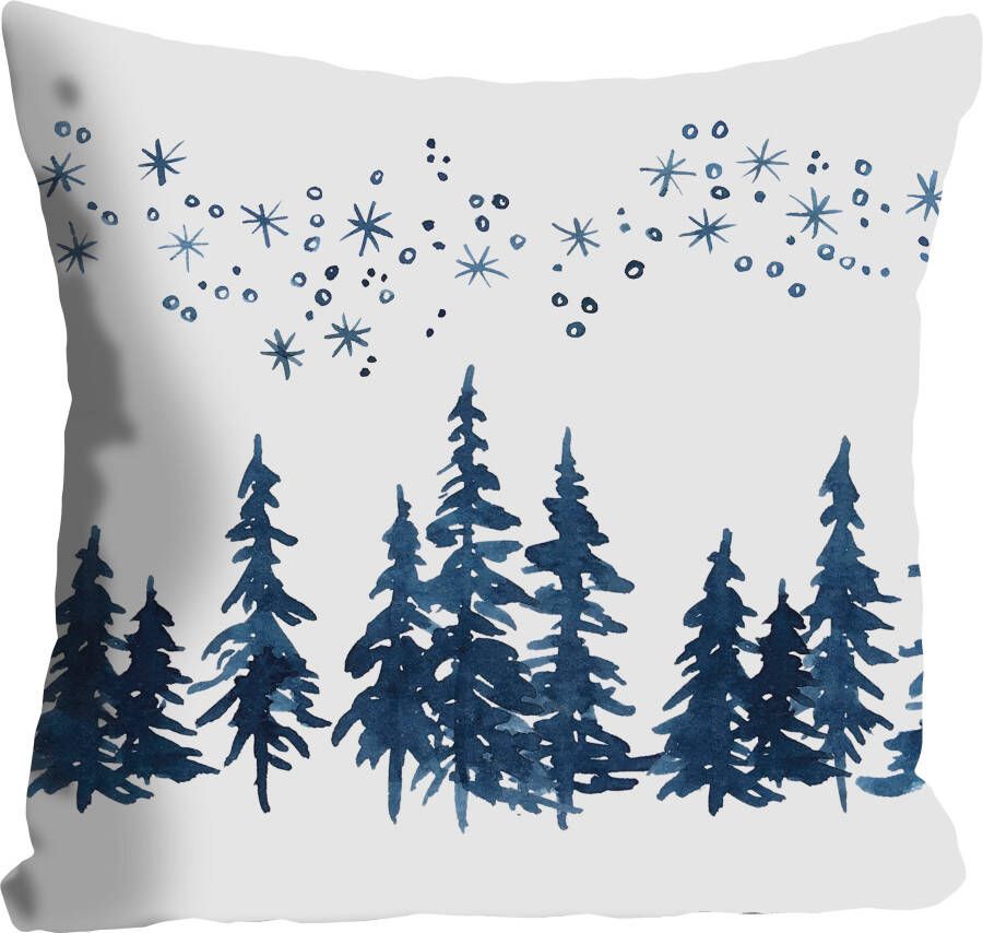queence Sierkussen Kathi Kussenhoes kerstbomen witte achtergrond aquarel blauw (1 stuk)
