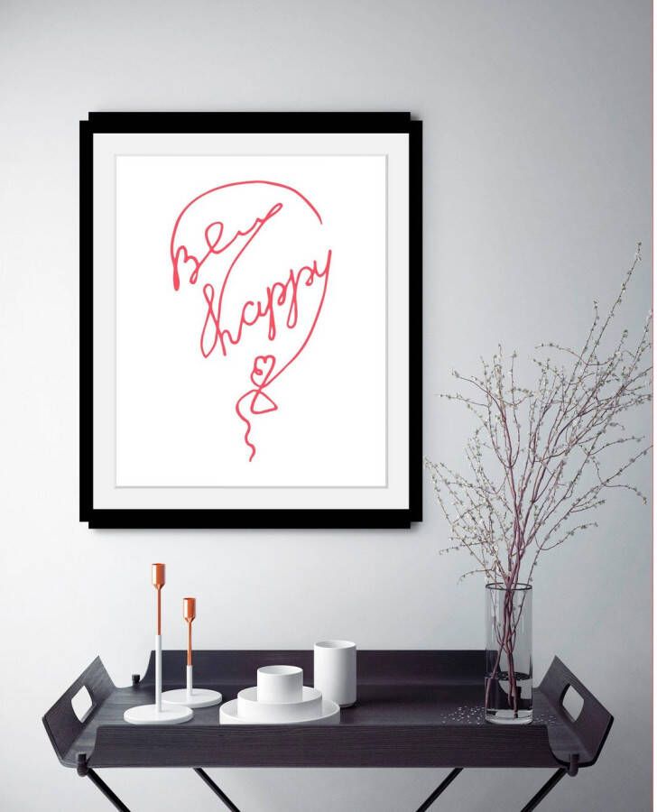 queence Wanddecoratie Be happy HD premium posterdruk incl. houten lijst