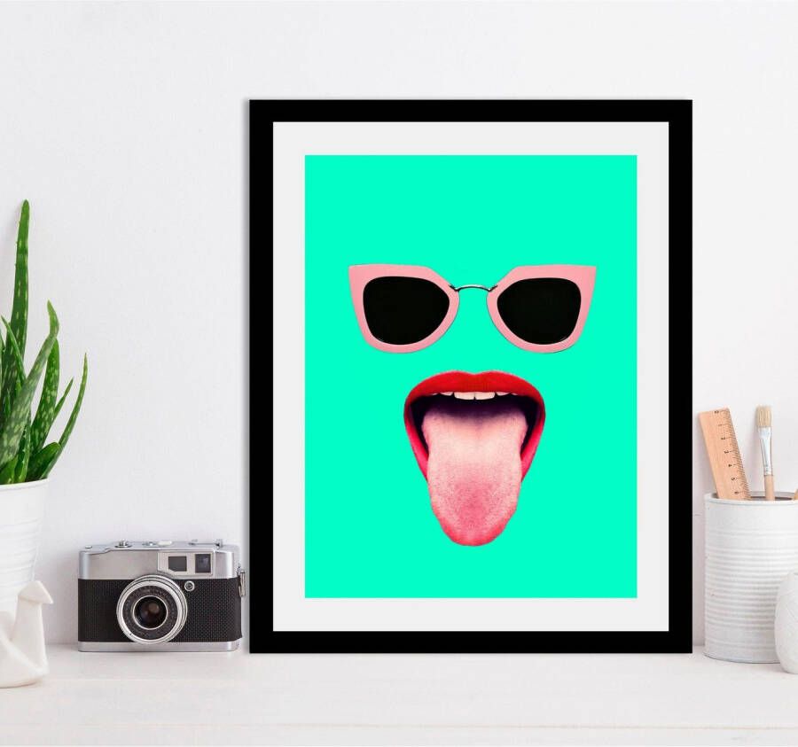 queence Wanddecoratie Bril + mond HD premium posterdruk incl. houten lijst