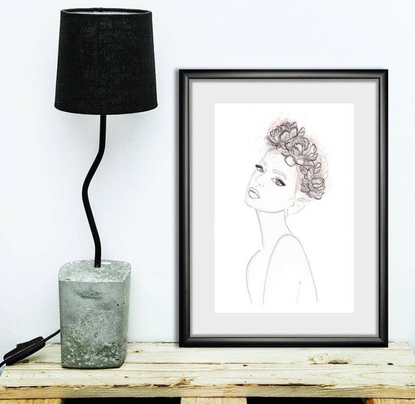 queence Wanddecoratie Schets van een vrouw met bloemenkrans HD premium posterdruk incl. houten lijst
