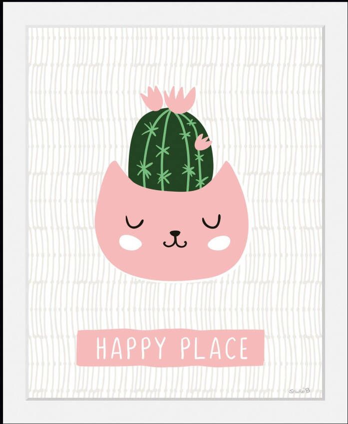 queence Wanddecoratie HAPPY PLACE HD premium posterdruk incl. houten lijst (1 stuk)