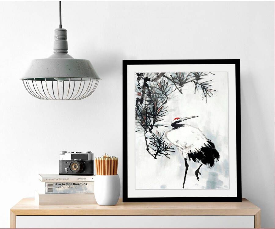 queence Wanddecoratie Kraanvogel HD premium posterdruk incl. houten lijst