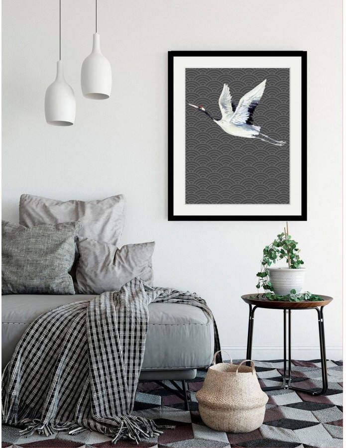 queence Wanddecoratie Kraanvogel HD premium posterdruk incl. houten lijst