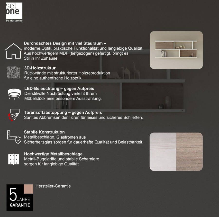 set one by Musterring Wandplank York Type 43 met 3 planken 3 kleuren verlichting optioneel B 150 cm