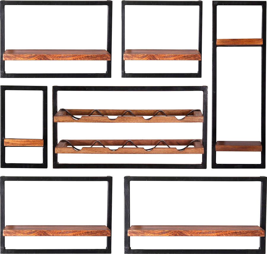 SIT Wandplank Panama Kastenset in industrial-stijl mangohout en metaal (set 7 stuks)