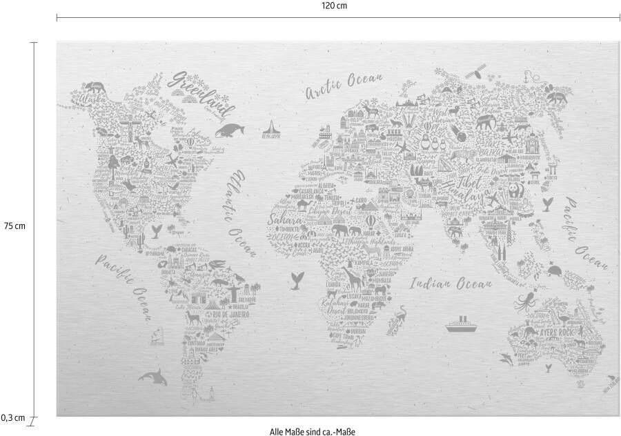 Wall-Art Metalen artprint Wereldkaart Around the world Afmeting (bxdxh): (120x0 3x75 cm)