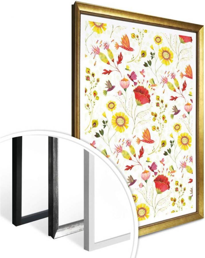 Wall-Art Poster Sprookjes-artprint bloemen en vogels 24x30 cm Sprookjes-artprint gebloemde bloemen (1 stuk)