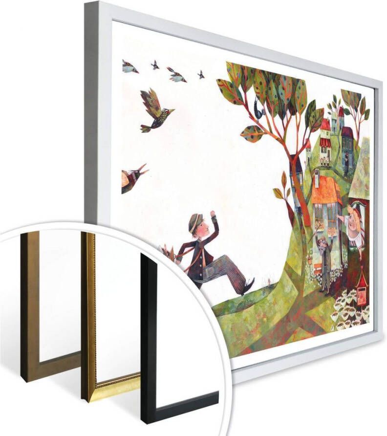 Wall-Art Poster Sprookjes-artprint veelkleurige kippen 50x60 cm Sprookjes-artprint de brievenbesteller (1 stuk)