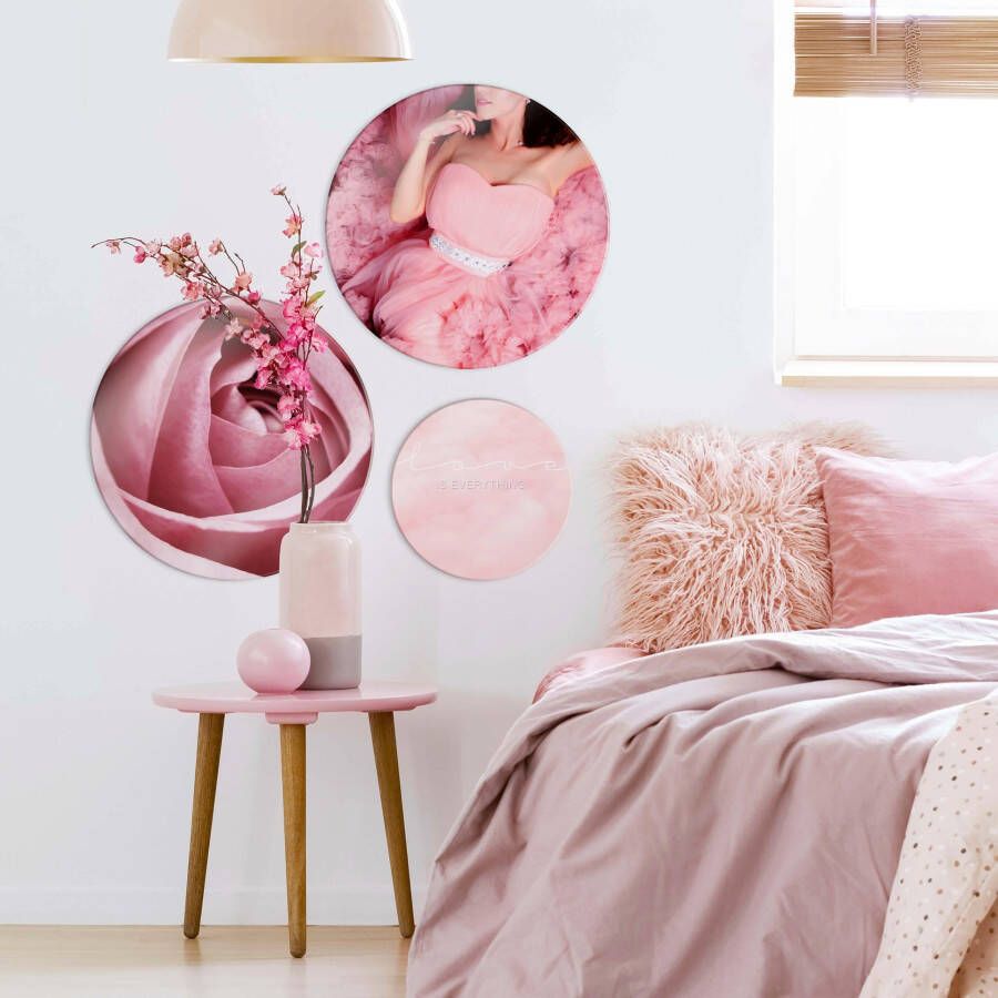 Wall-Art Print op glas Love is everything rond (set 3-delig)