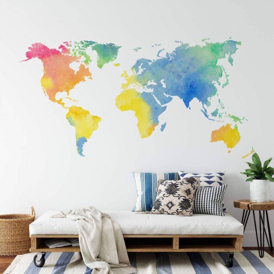 Wall-Art Wandfolie Aquarel wereldkaart regenboog (1 stuk)