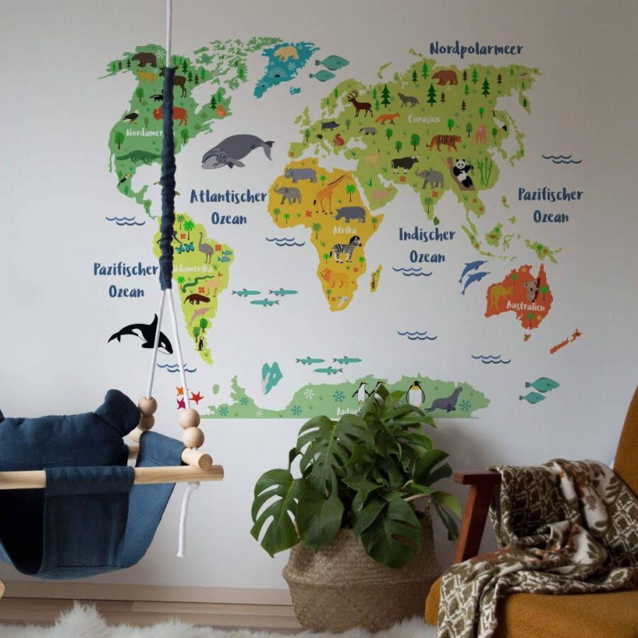 Wall-Art Wandfolie Dierenwereld wereldkaart kinderkamer (1 stuk)