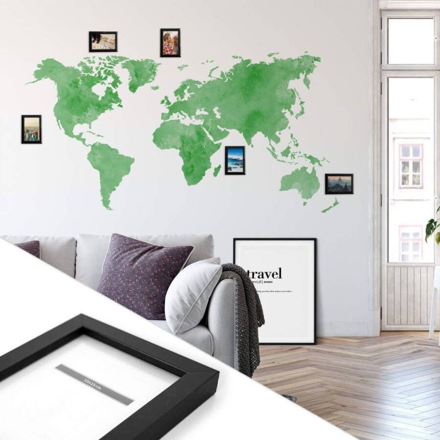 Wall-Art Wandfolie Groene wereldkaart fotolijstje (1 stuk)