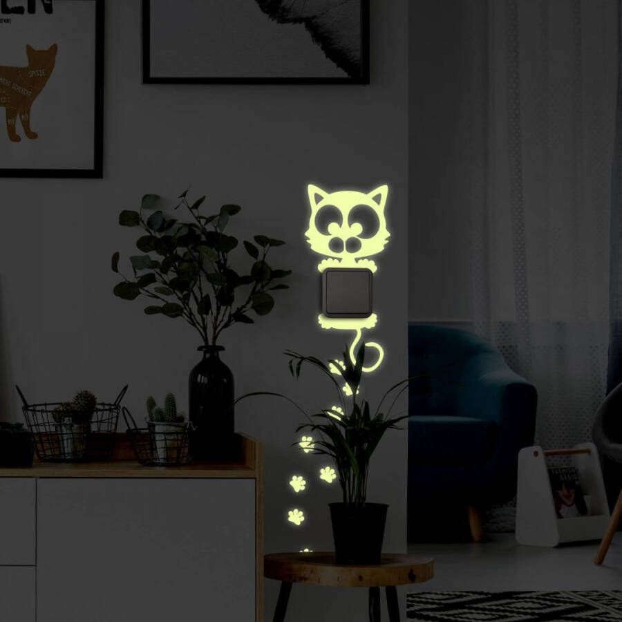Wall-Art Wandfolie Lichtschakelaar kat verlichte sticker (1 stuk)