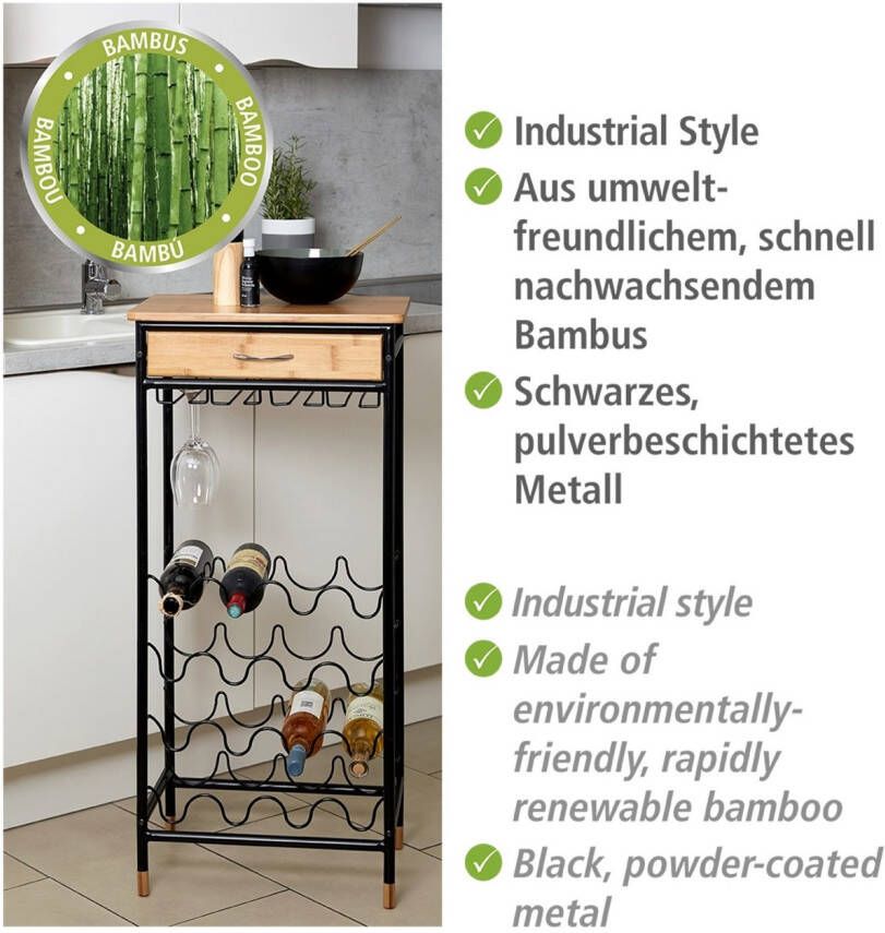 Wenko Wijnflessenhouder Loft Flessenrek voor 16 flessen met lade metaal en bamboe