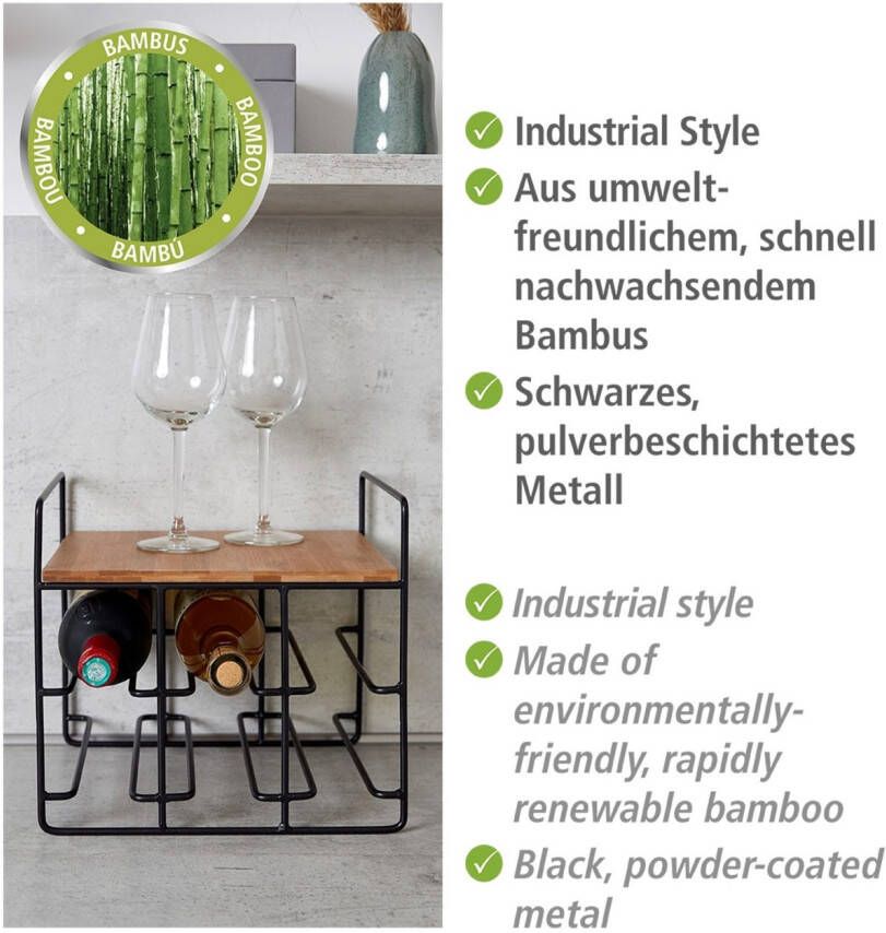 Wenko Wijnflessenhouder Model Loft Flessenrek voor 6 flessen met plank metaal en bamboe