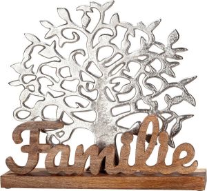 GILDE Decoratief figuur Levensboom familie zilver Decoratief object hoogte 41 cm met een opschrift van metaal & hout woonkamer (1 stuk)
