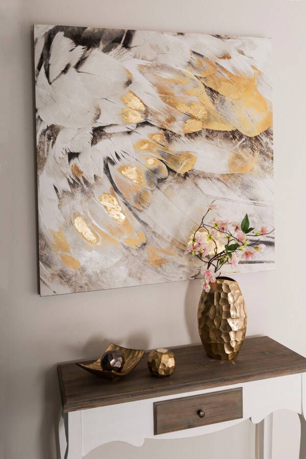 Home affaire Olieverfschilderij Veer goudkleurig Schilderij 100x100 cm woonkamer