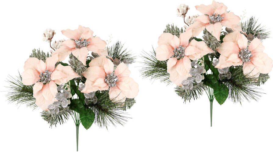 I.GE.A. Boeket kunstbloemen Boeket Poinsettia met dennen takken set van 2 eucalyptus katoen adventdecoratie kerstdecoratie kerstster (2 stuks)