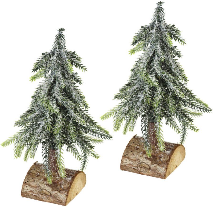 I.GE.A. Deco-boom Kerstdecoratie kerstboom Kunstmatige mini spar met ijs op houten sokkel 25 cm (set 2 stuks)