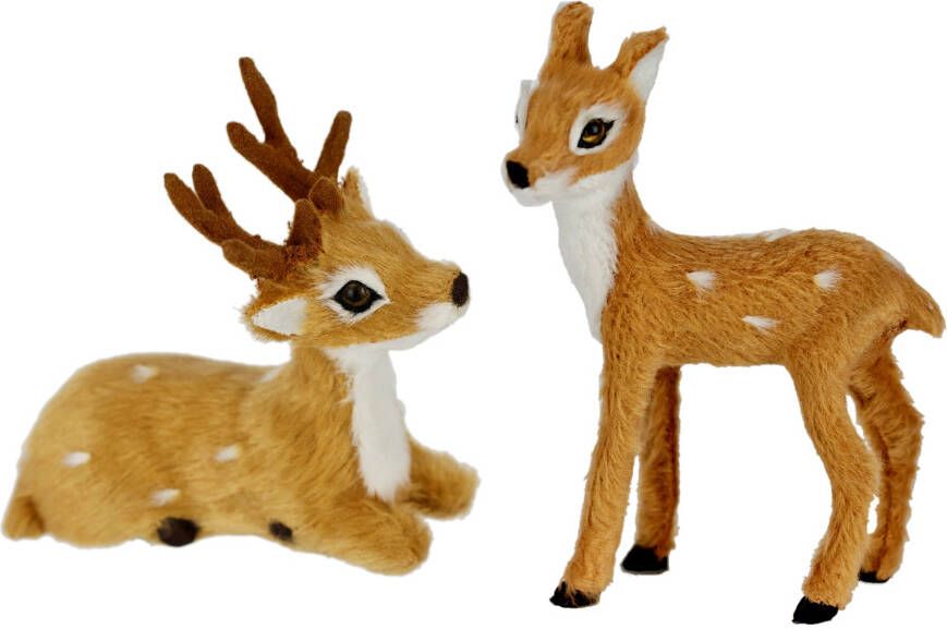 I.GE.A. Decoratief figuur Dierfiguur mini ree 2-pack Kunstbont dierenfiguur standbeeld ornamenten bont pluche dier bontdier bosdier (2 stuks)