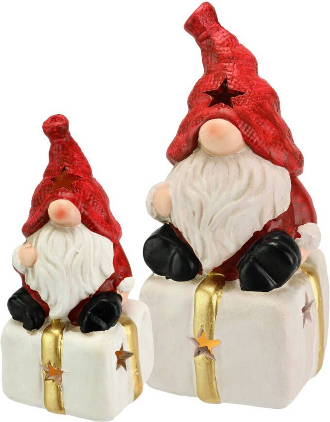 I.GE.A. Decoratief figuur Kabouter op cadeau Met LED 2-delige set kerstdecoratie kunstfiguur decoratie standbeeld sculptuur (2 stuks)