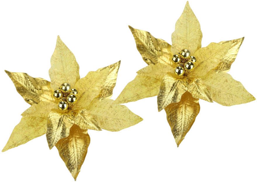 I.GE.A. Decoratieve hanger Poinsettia op clip 2-delige set 28cm kunst kerstster gouden kerstbloem (2 stuks)