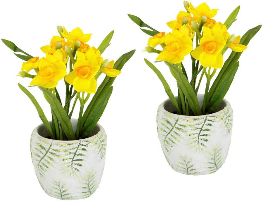 I.GE.A. Kunstbloem Gele narcis in cementen pot set van 2 kunstmatige lentebloem narcissen (2 stuks)