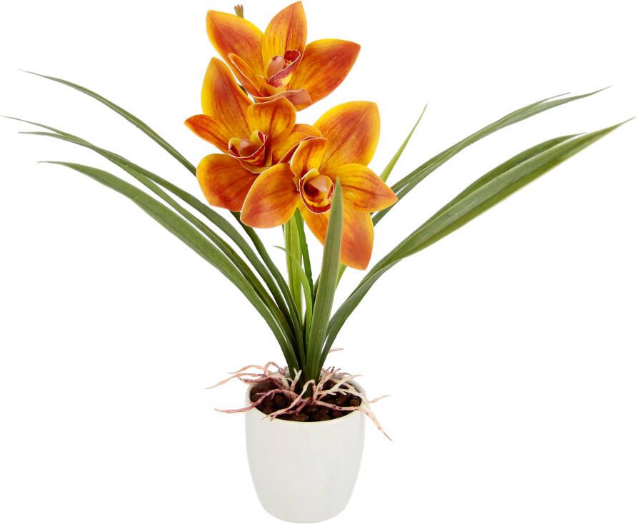 I.GE.A. Kunstbloem Orchidee Met bladeren in pot van keramiek kunstbloem Cymbidium-orchidee (1 stuk)