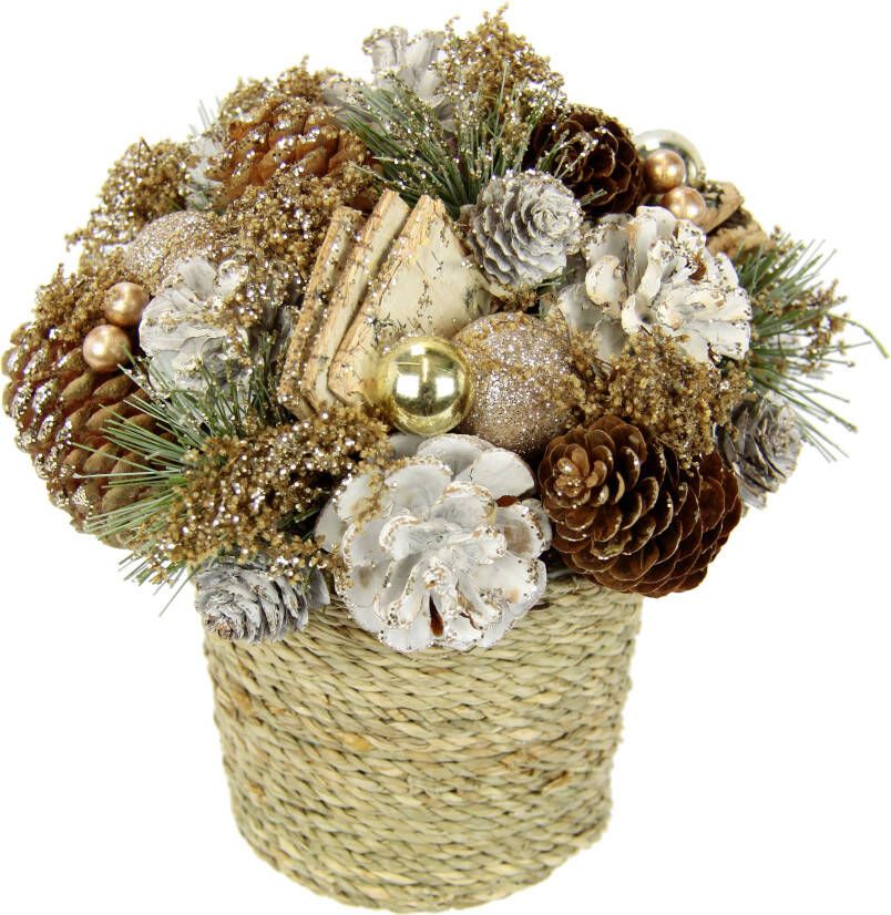 I.GE.A. Kunstplant Natuurlijk stuk kegels In de pot met kerstballen dennen arrangement kerstdecoratie tafeldecoratie (1 stuk)