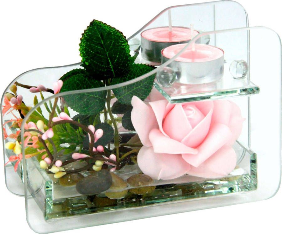 I.GE.A. Kunstplant Roos in glas met waxinelichtje (set 2 stuks)