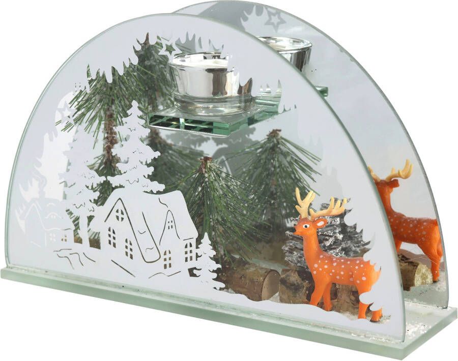 I.GE.A. Waxinelichthouder Kerstdecoratie kaarsenhouder decoratie-object van spiegelglas met hertdecoratie in winterlandschap hoogte ca. 15 cm (1 stuk)