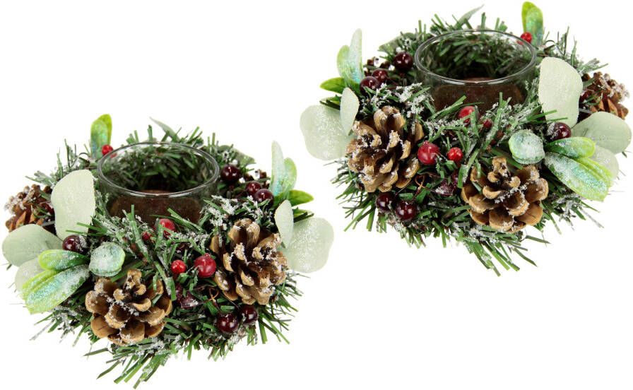 I.GE.A. Waxinelichthouder Kerstdecoratie kaarsenhouder met kegels bessen en mistletoe besneeuwd incl. glazen inzet ø 15 cm (set 2 stuks)