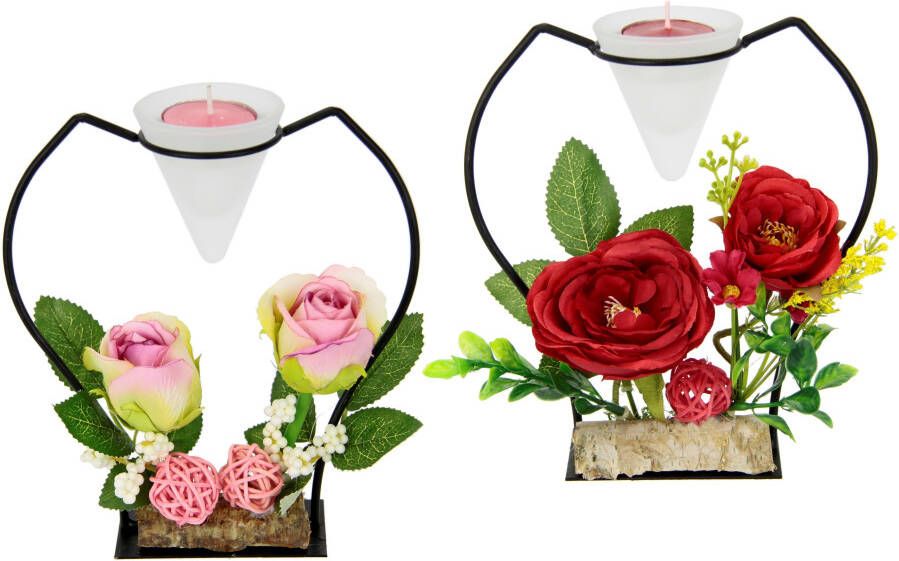I.GE.A. Waxinelichthouder Rosé Glas metaal kunststof rood roze (set 2 stuks)