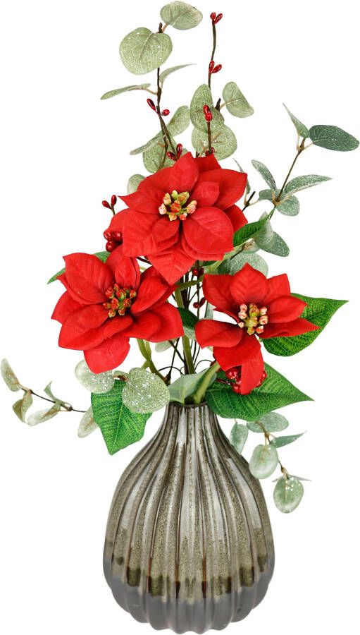 I.GE.A. Winterse kunstplant Arrangement met poinsettia in keramische vaas met eucalyptus takken